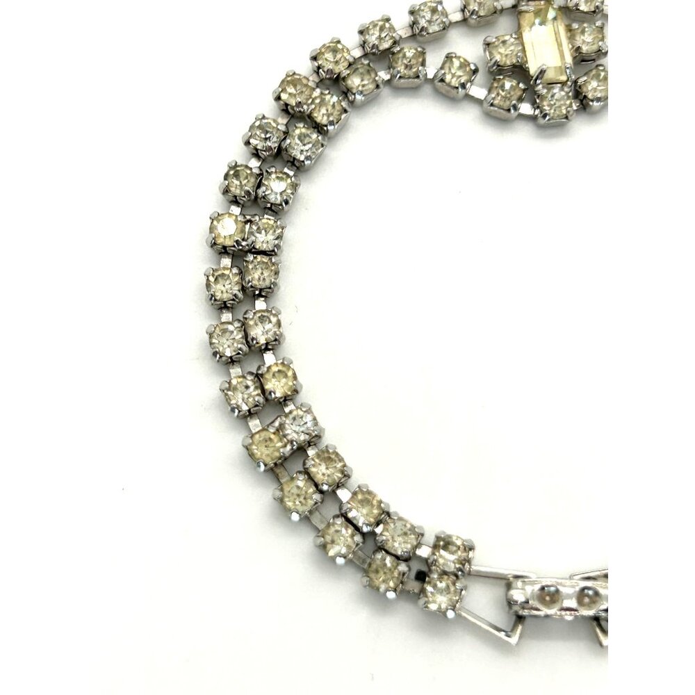 Vintage Clear Rhinestone Bracelet With Double Row Center Baguette Stone 7 Inch - Picture 4 of 10